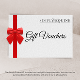 Simply Equine gift voucher with a red ribbon on a beige background